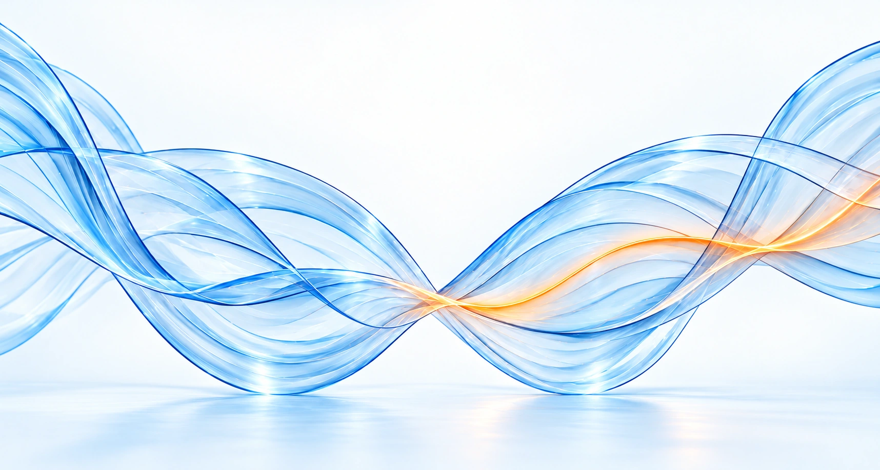 Blue glass waves and an orange current unfold into three connected layers: your business, your systems and room to grow.
